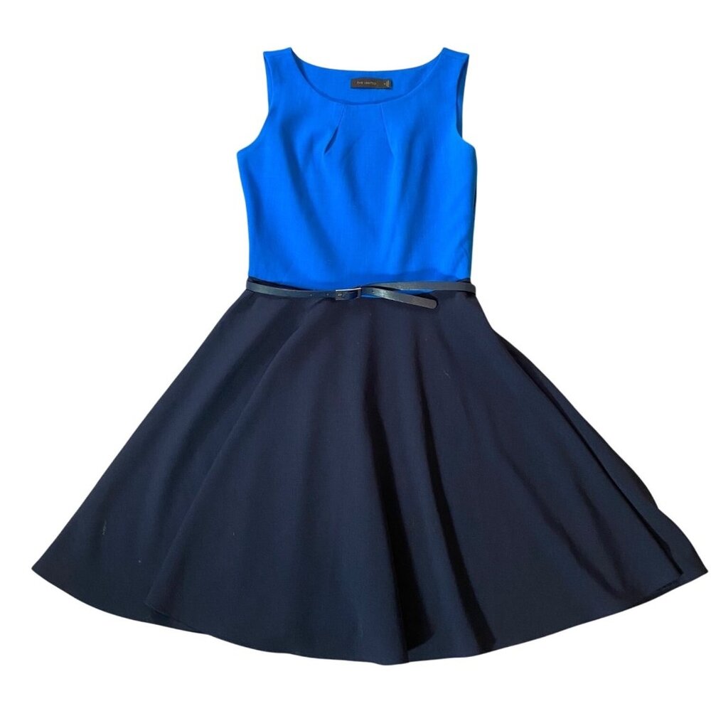 The Limited Blue & Black Fit & Flare Sleeveless Dress With Belt Small